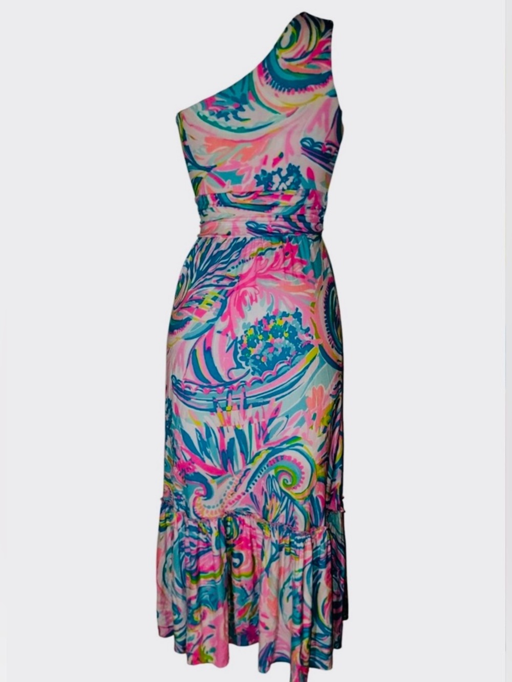Lilly Pulitzer Mooney One-Shoulder Maxi Dress in Pink Multicolor Swirl M - Picture 3 of 10